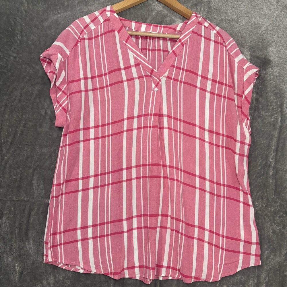 Liz Claiborne V-Neck Top Pink Plaid Cap Sleeve Women L Casual Office Relaxed Fit